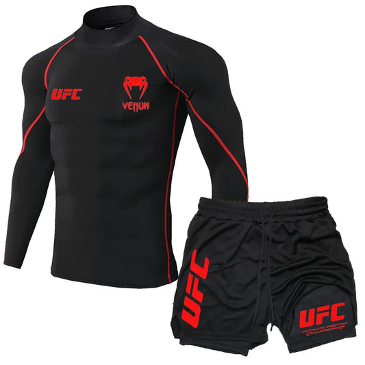 2025 pantalones transpirables UFC de manga larga + pantalones de doble capa, pantalones deportivos para correr al aire libre, camiseta de entrenamiento físico, pantalones
