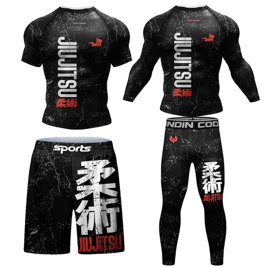 Camiseta MMA Jiu Jitsu + Pantalones 4 unids/set para hombre Bjj Gi Rashguard brasileño lucha MMA pantalones cortos gimnasio ropa deportiva Muay Thai chándal